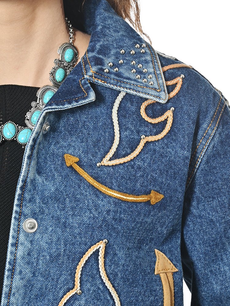 American Darling Women’s Western Denim Jacket - Acid Wash Jean Blazer with Flame Embroidery, Boho Cowgirl Outerwear