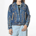 American Darling Women’s Western Denim Jacket - Acid Wash Jean Blazer with Flame Embroidery, Boho Cowgirl Outerwear