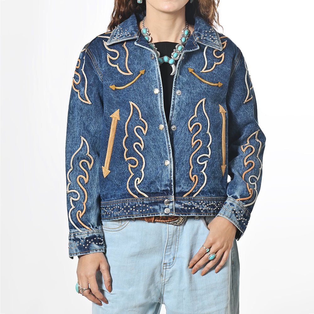 American Darling Women’s Western Denim Jacket - Acid Wash Jean Blazer with Flame Embroidery, Boho Cowgirl Outerwear