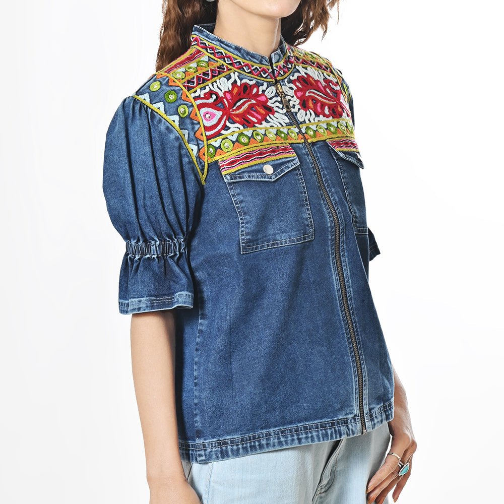 American Darling Women's Embroidered Denim Jacket Boho Tribal Floral Jean Blazer with Puff Ruffle Sleeves Cowgirl Top