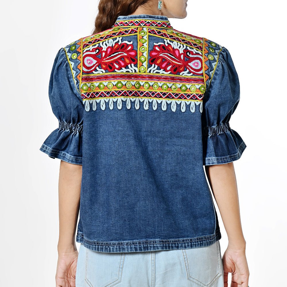 American Darling Women's Embroidered Denim Jacket Boho Tribal Floral Jean Blazer with Puff Ruffle Sleeves Cowgirl Top