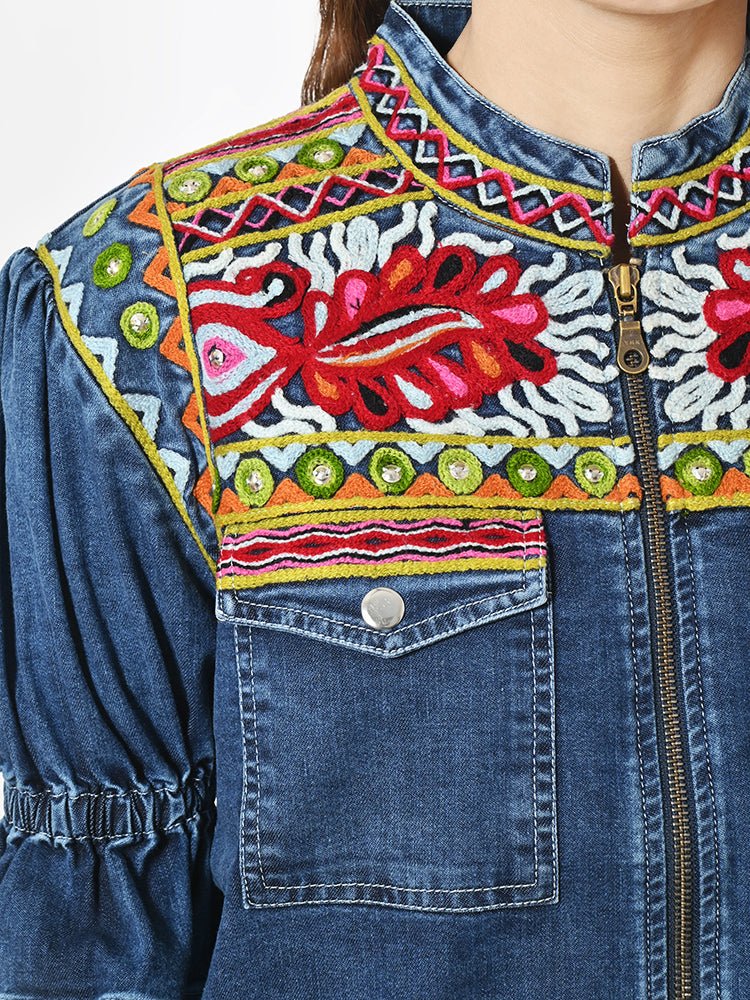 American Darling Women's Embroidered Denim Jacket Boho Tribal Floral Jean Blazer with Puff Ruffle Sleeves Cowgirl Top