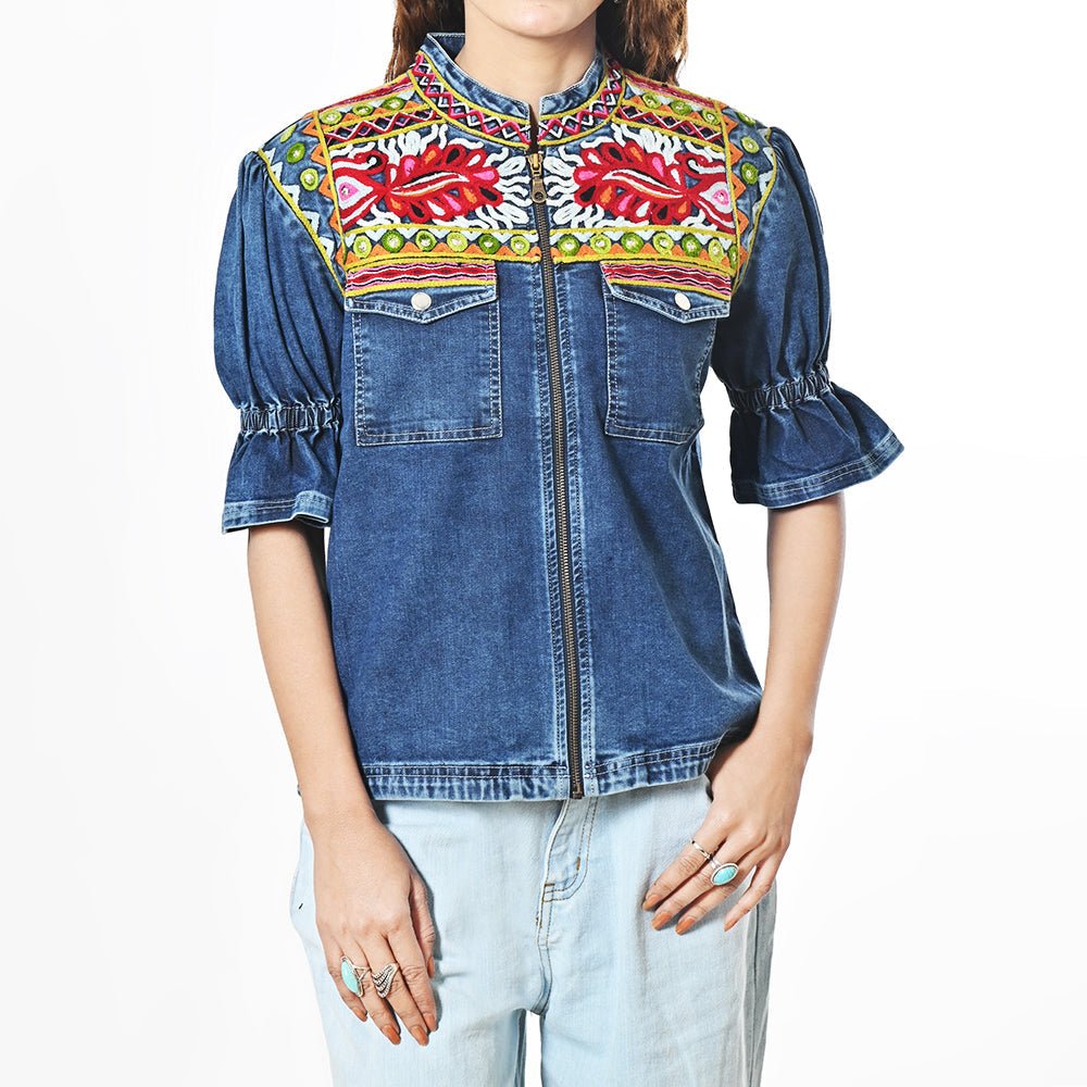 American Darling Women's Embroidered Denim Jacket Boho Tribal Floral Jean Blazer with Puff Ruffle Sleeves Cowgirl Top