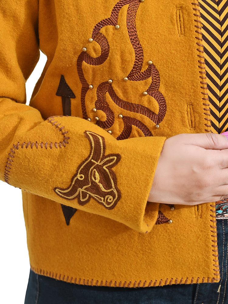 American Darling Women’s Western Embroidered Blazer Jacket | Mustard Fabric Shirt | Studded Cowgirl Style | Excellent Fit