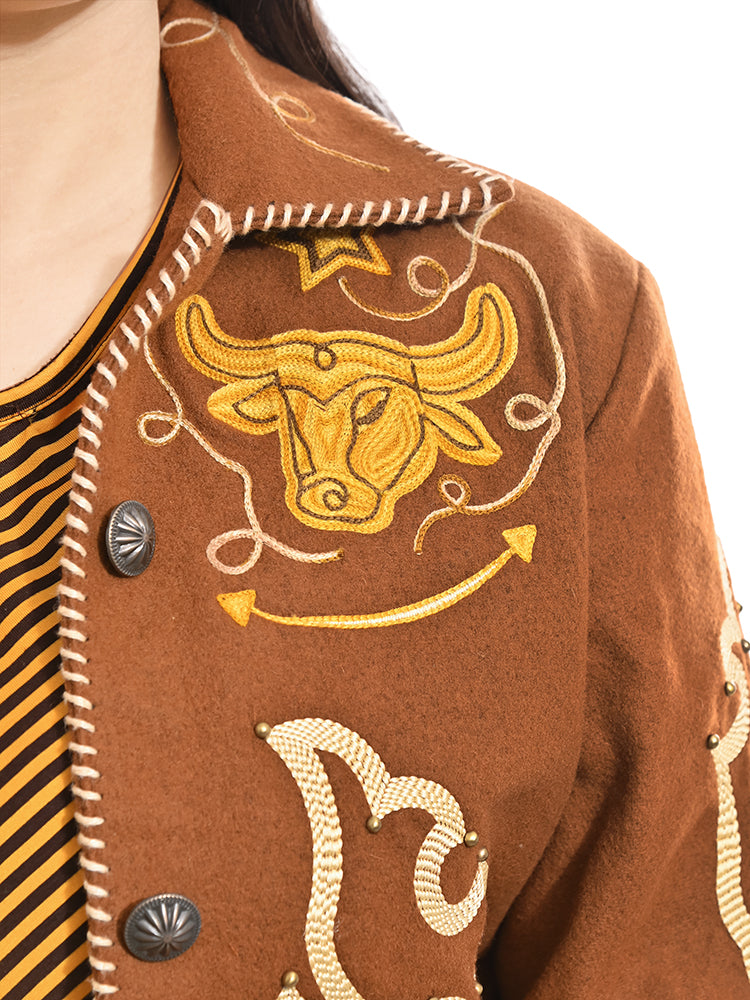 Western Embroidered Blazer Jacket Featuring Bull Head Cowgirl Motif In Brown Fabric