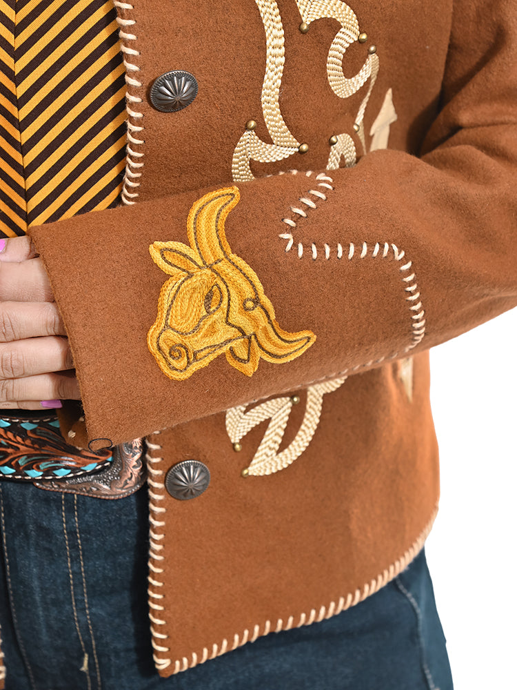 Western Embroidered Blazer Jacket Featuring Bull Head Cowgirl Motif In Brown Fabric