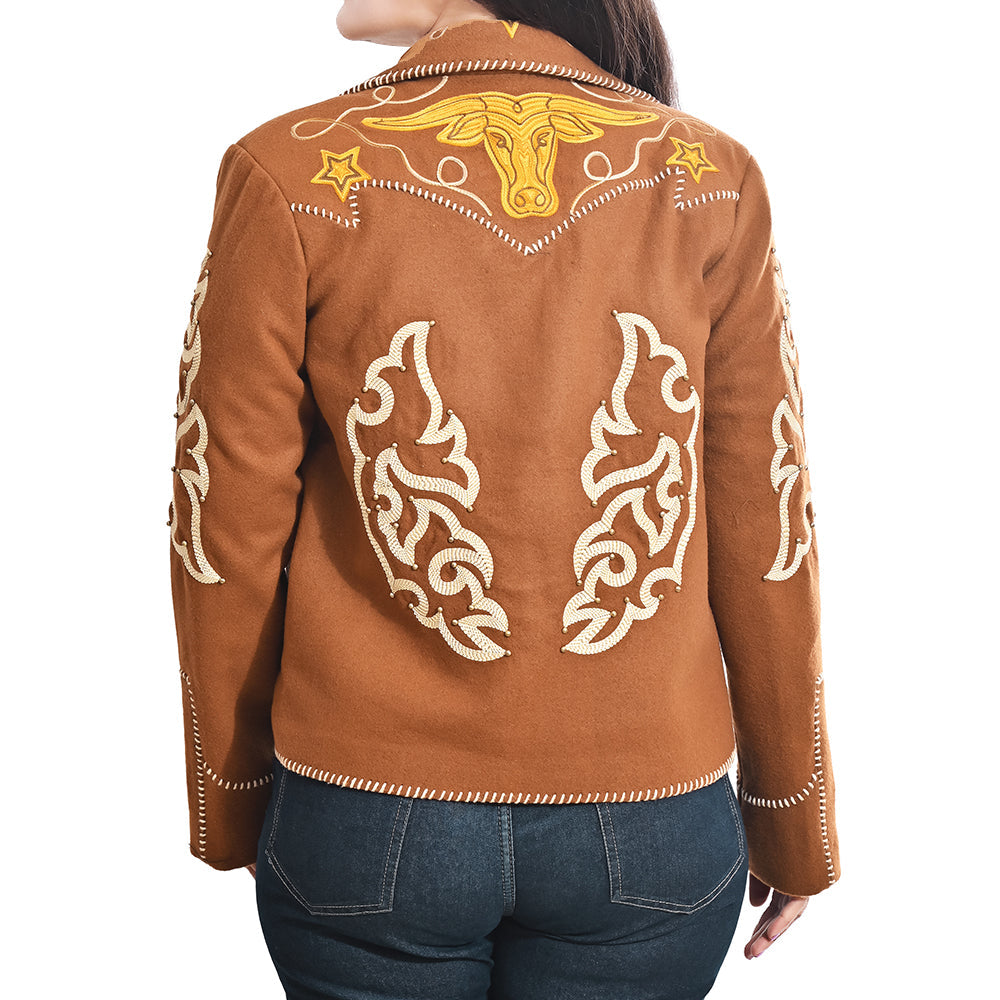Western Embroidered Blazer Jacket Featuring Bull Head Cowgirl Motif In Brown Fabric