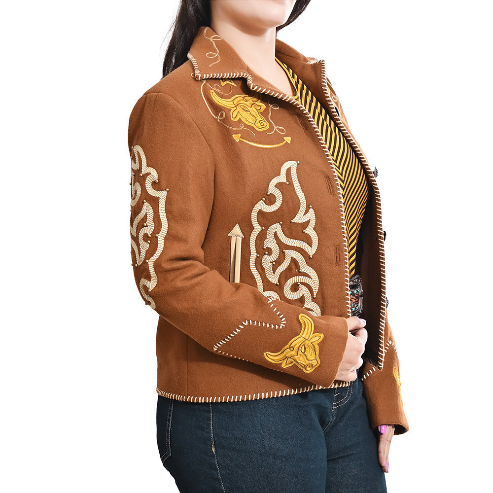 Western Embroidered Blazer Jacket Featuring Bull Head Cowgirl Motif In Brown Fabric