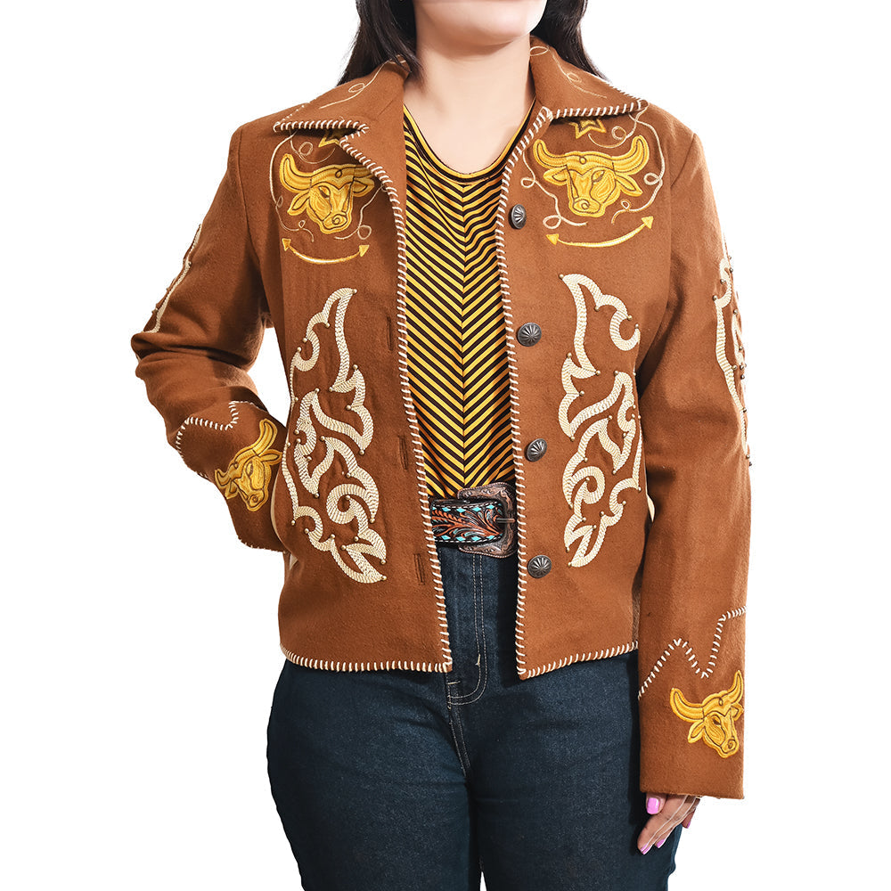 Western Embroidered Blazer Jacket Featuring Bull Head Cowgirl Motif In Brown Fabric