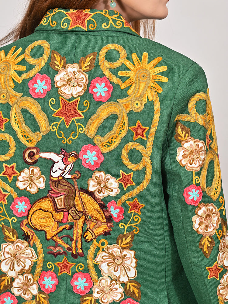 American Darling Women’s Western Embroidered Blazer Green Cowgirl Rodeo NFR Floral Spurs Bronco Horseshoe Tailored Jacket