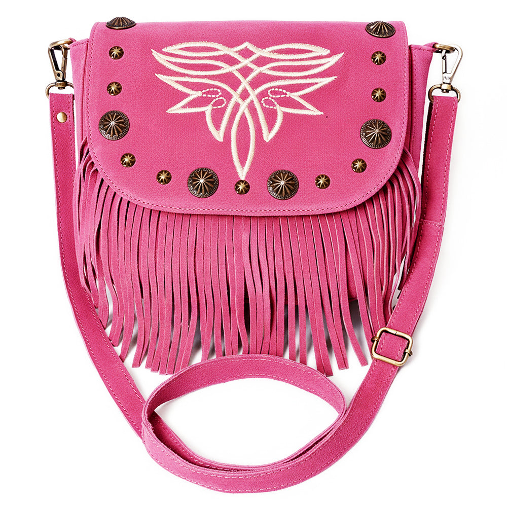 American Darling Genuine Suede Leather Cross body Bag - Fringe, Embroidery & Concho Eco-Friendly Vegetable Tanned Purse