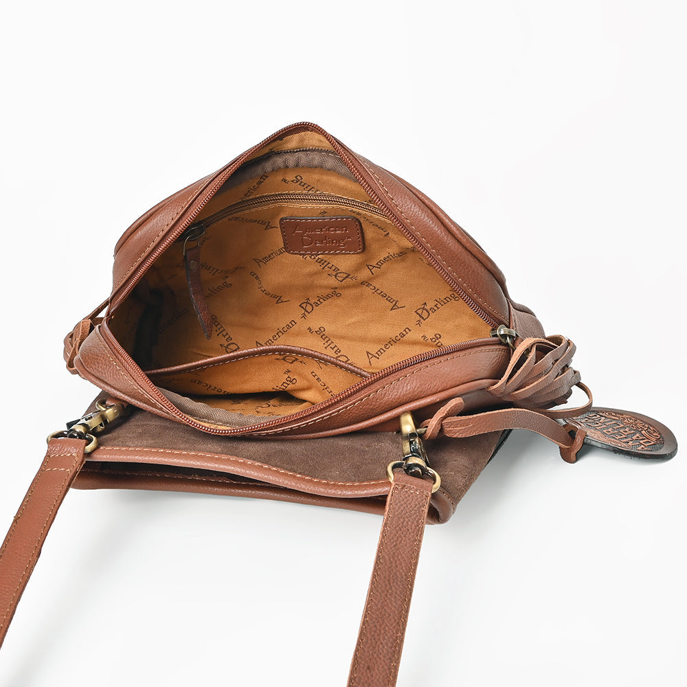 AMERICAN DARLING Hand-Tooled Leather Satchel Bag Floral Carving & Concho Flap