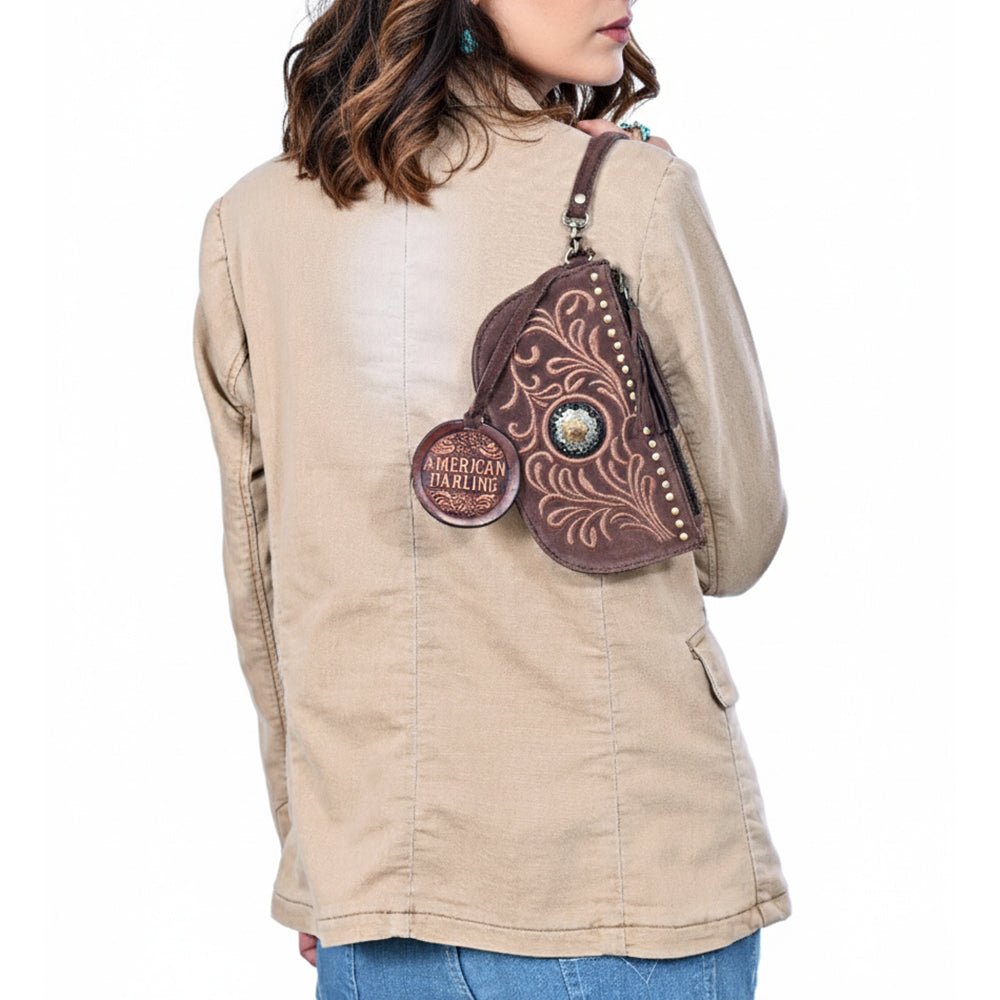 American Darling Genuine Suede Leather Western Wristlet Clutch Floral Scroll