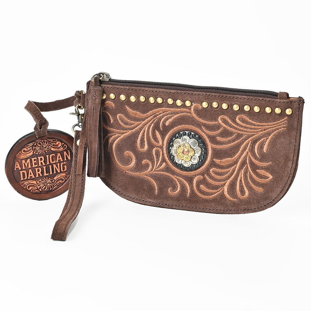 American Darling Genuine Suede Leather Western Wristlet Clutch Floral Scroll
