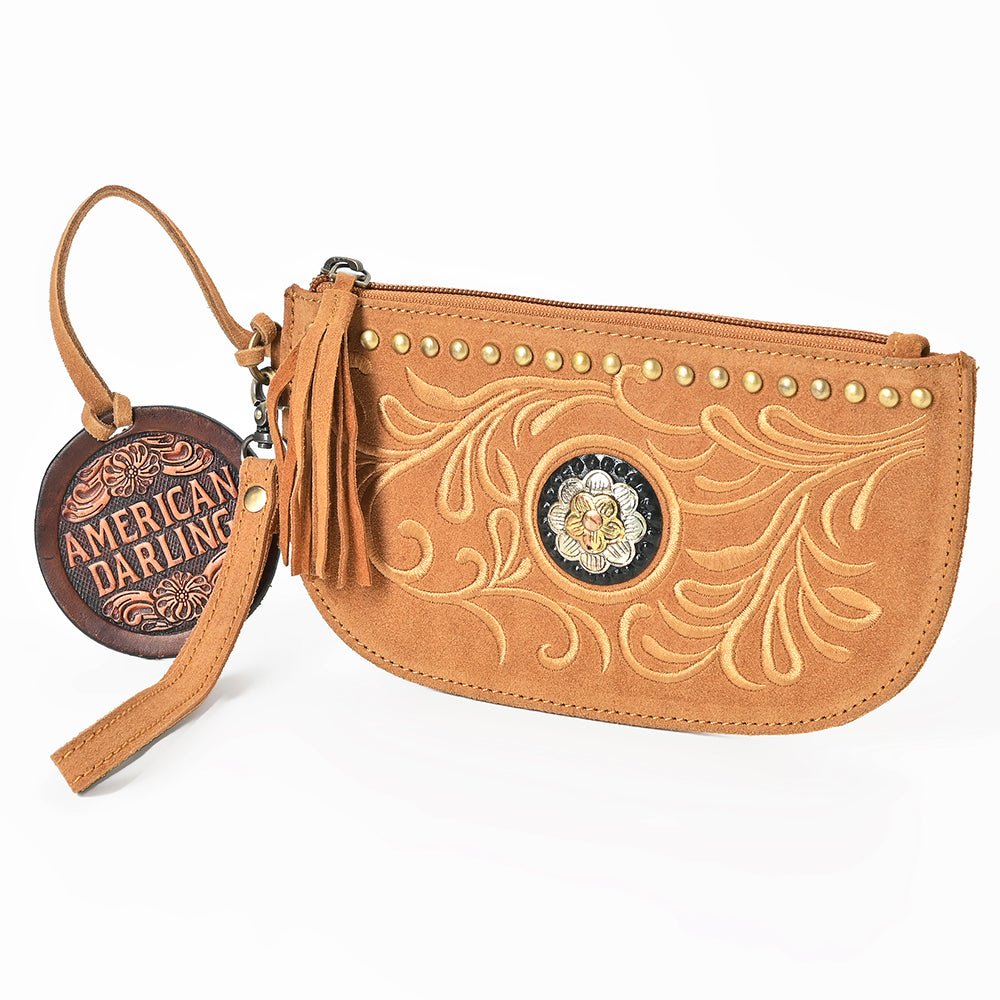American Darling Genuine Suede Leather Western Wristlet Clutch Floral Scroll