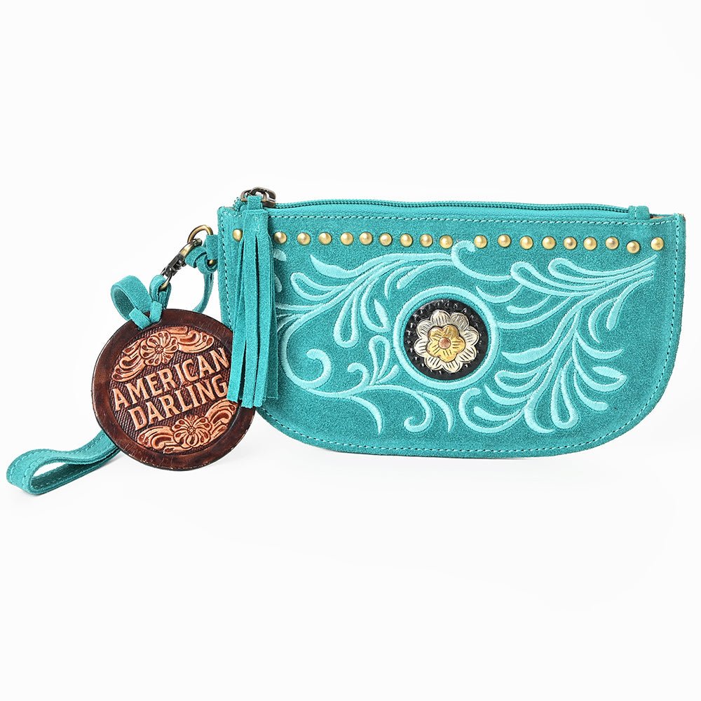 American Darling Genuine Suede Leather Western Wristlet Clutch Floral Scroll