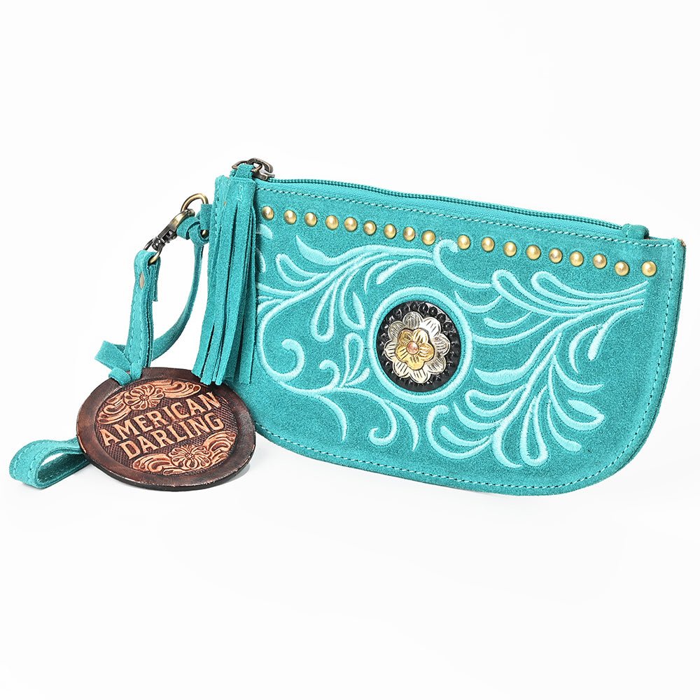 American Darling Genuine Suede Leather Western Wristlet Clutch Floral Scroll
