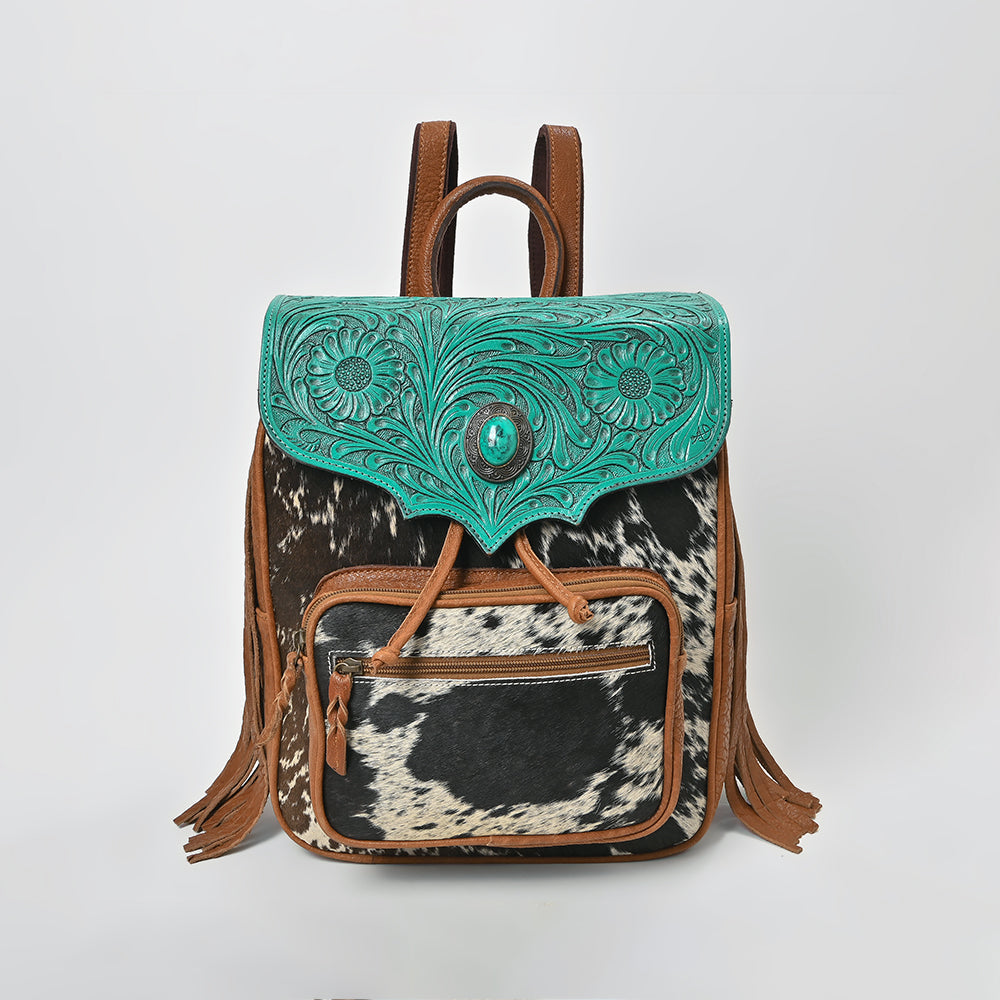 American Darling Western Cowhide & Turquoise Tooled Leather Fringe Backpack