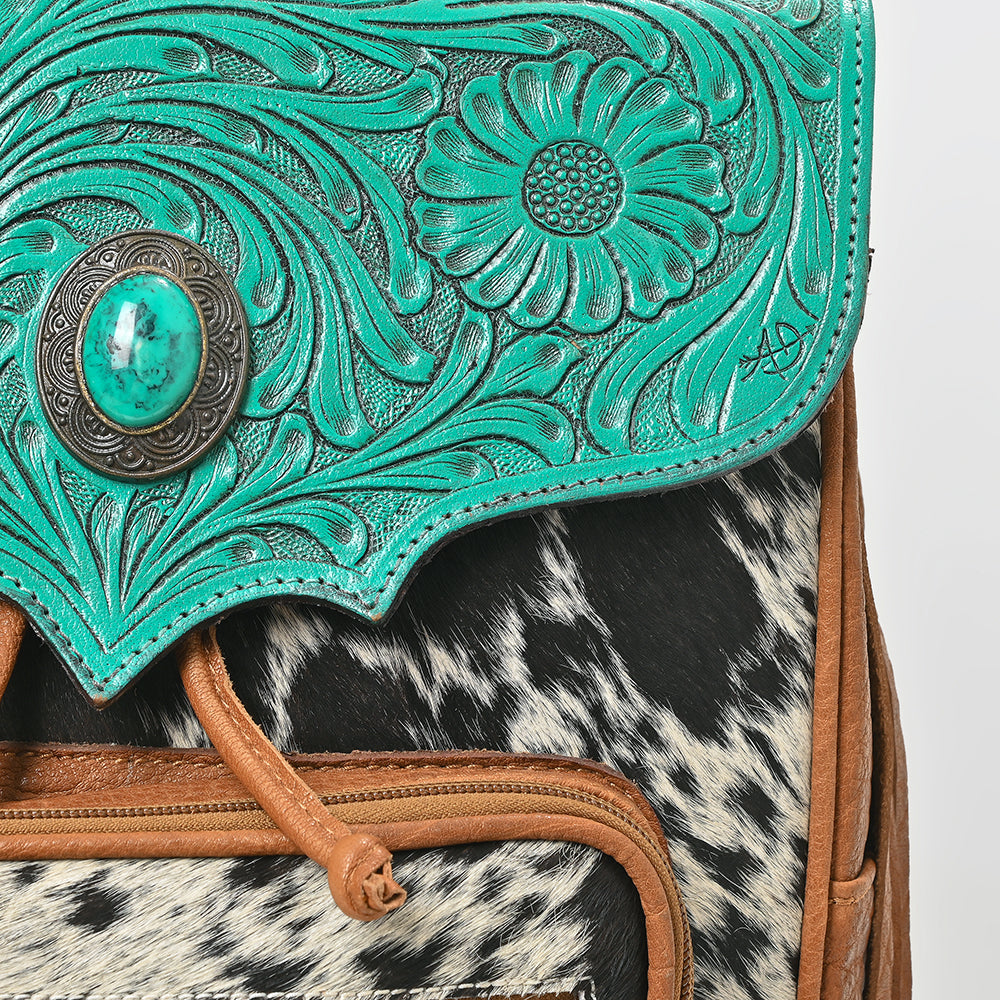 American Darling Western Cowhide & Turquoise Tooled Leather Fringe Backpack