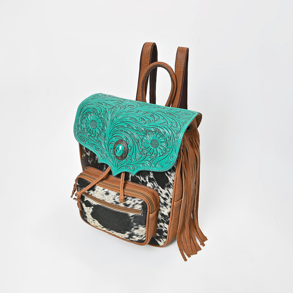 American Darling Western Cowhide & Turquoise Tooled Leather Fringe Backpack