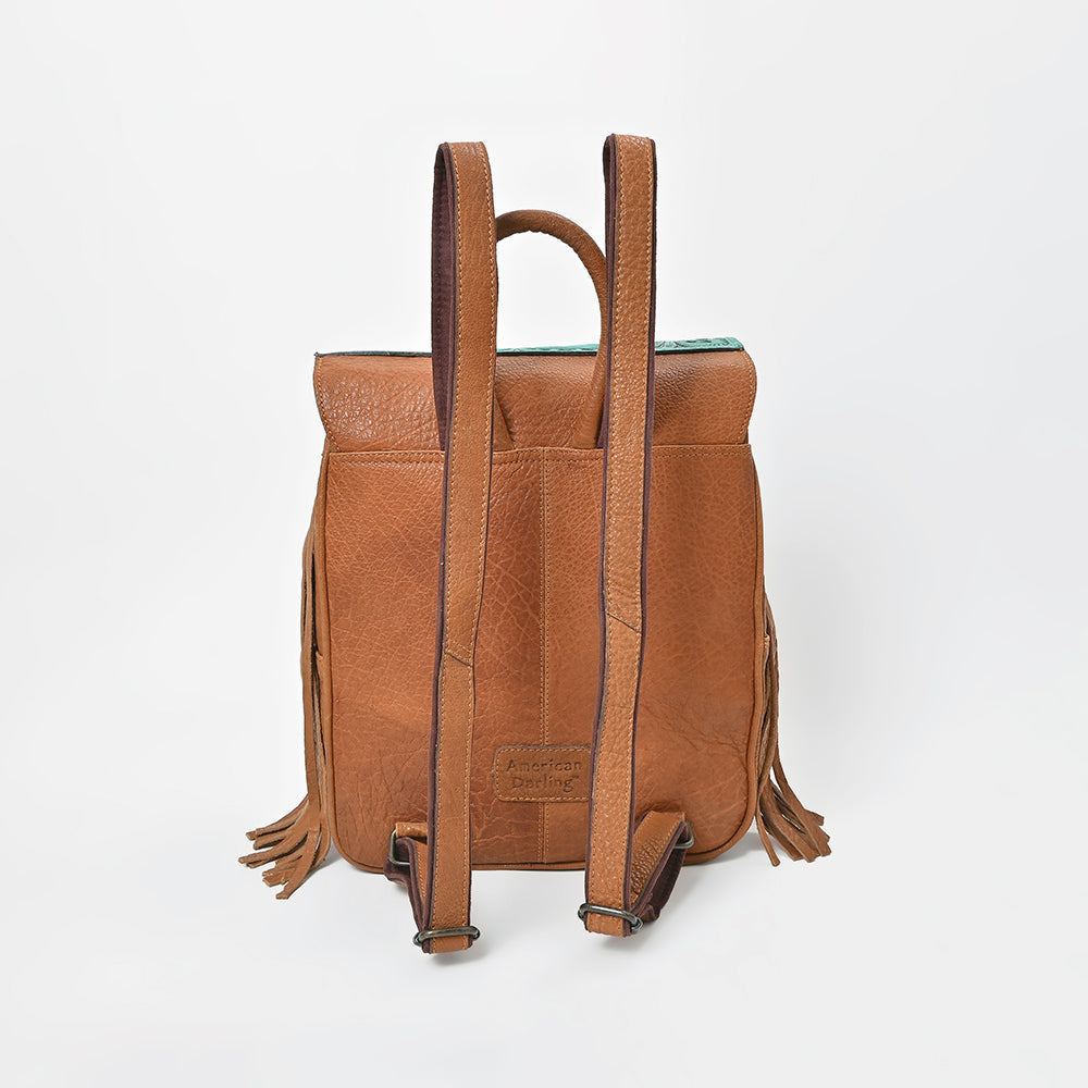 American Darling Western Cowhide & Turquoise Tooled Leather Fringe Backpack