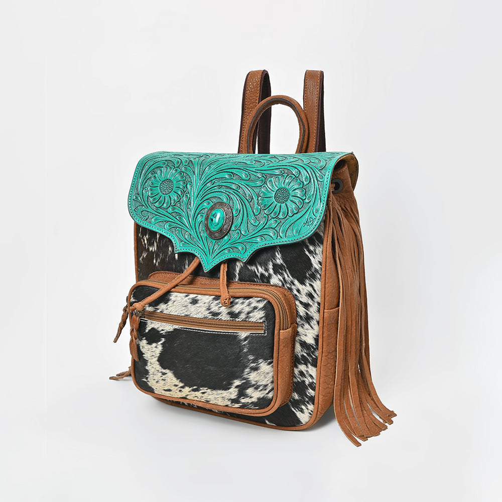 American Darling Western Cowhide & Turquoise Tooled Leather Fringe Backpack