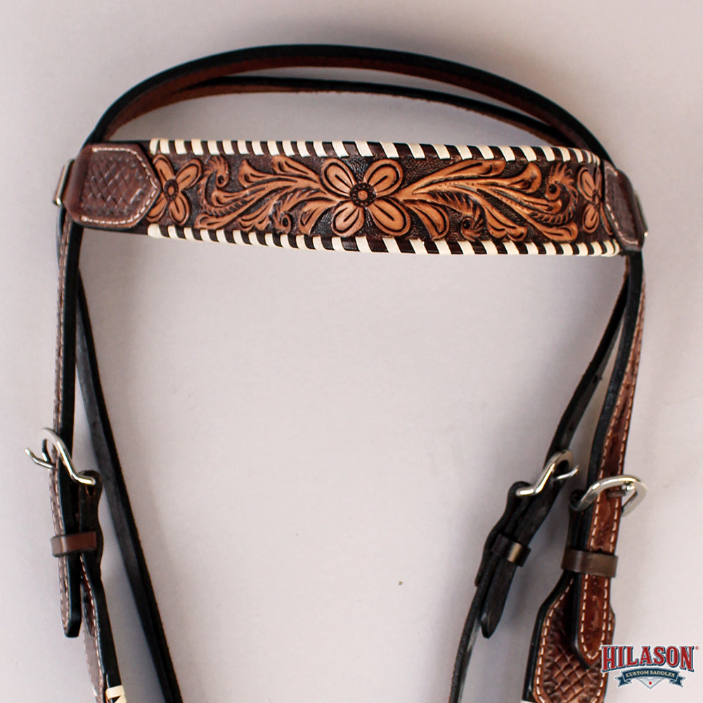 HILASON Western Horse Floral Hand Carved American Leather Headstall Brown