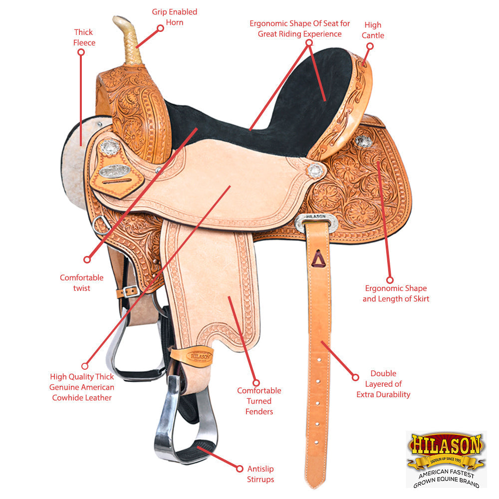Tan HILASON Western Horse Saddle American Leather Barrel Flex Tree Trail