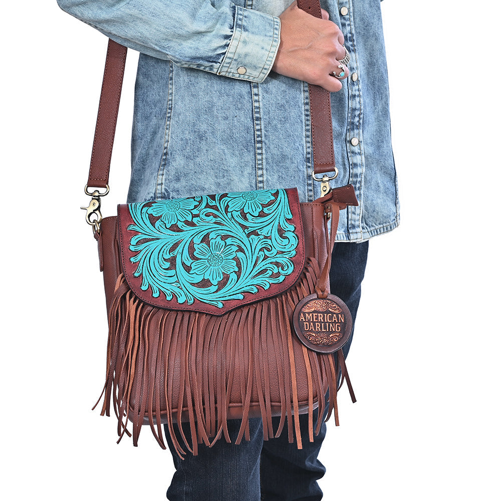 American Darling Hand-Tooled Full Grain Leather Crossbody Bag Vegetable Tanned