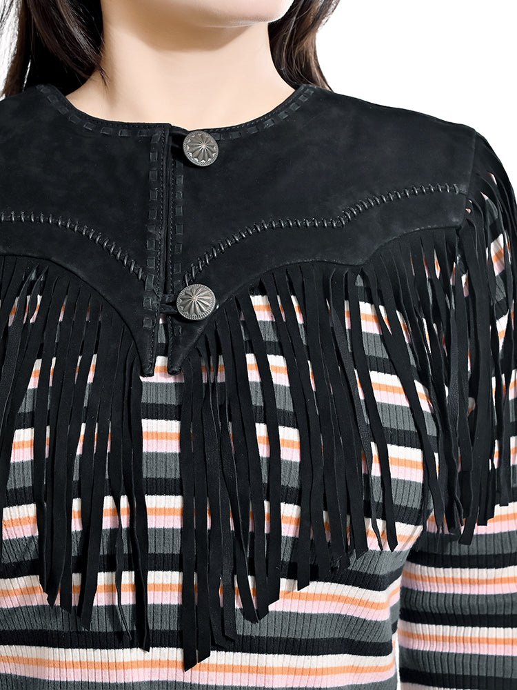 American Darling Women’s Genuine Suede Leather Fringe Vest - Western Cropped Cowgirl Yoke Black Boho Fringe Cape