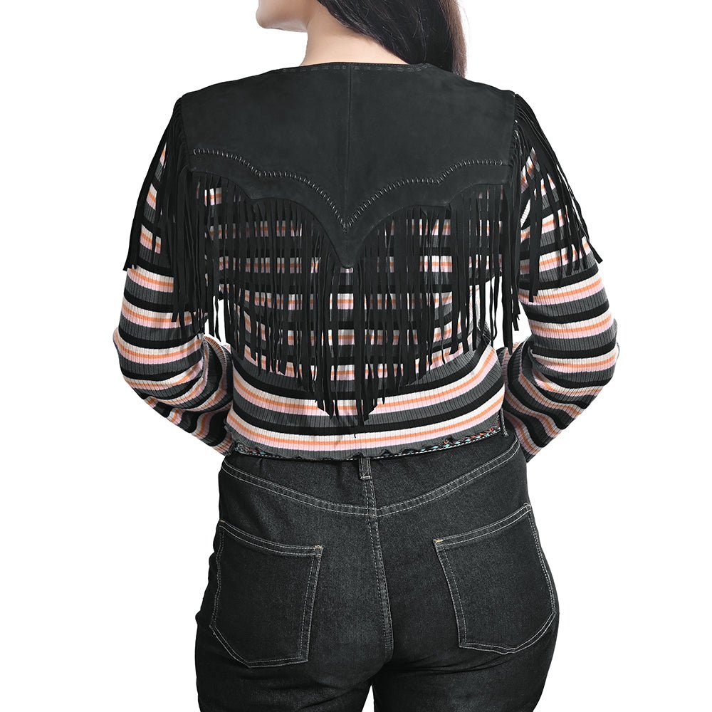 American Darling Women’s Genuine Suede Leather Fringe Vest - Western Cropped Cowgirl Yoke Black Boho Fringe Cape