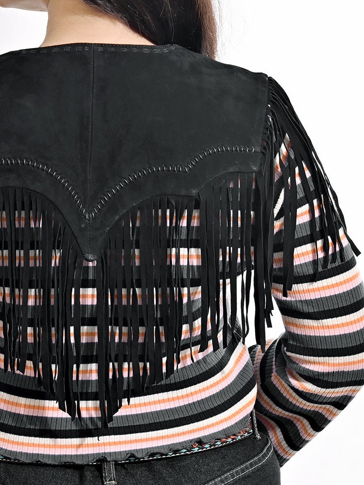 American Darling Women’s Genuine Suede Leather Fringe Vest - Western Cropped Cowgirl Yoke Black Boho Fringe Cape