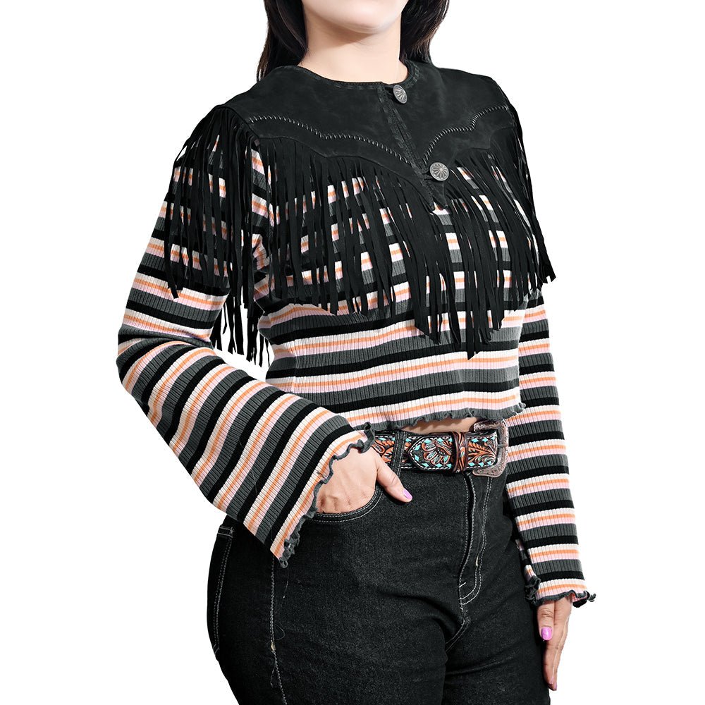 American Darling Women’s Genuine Suede Leather Fringe Vest - Western Cropped Cowgirl Yoke Black Boho Fringe Cape