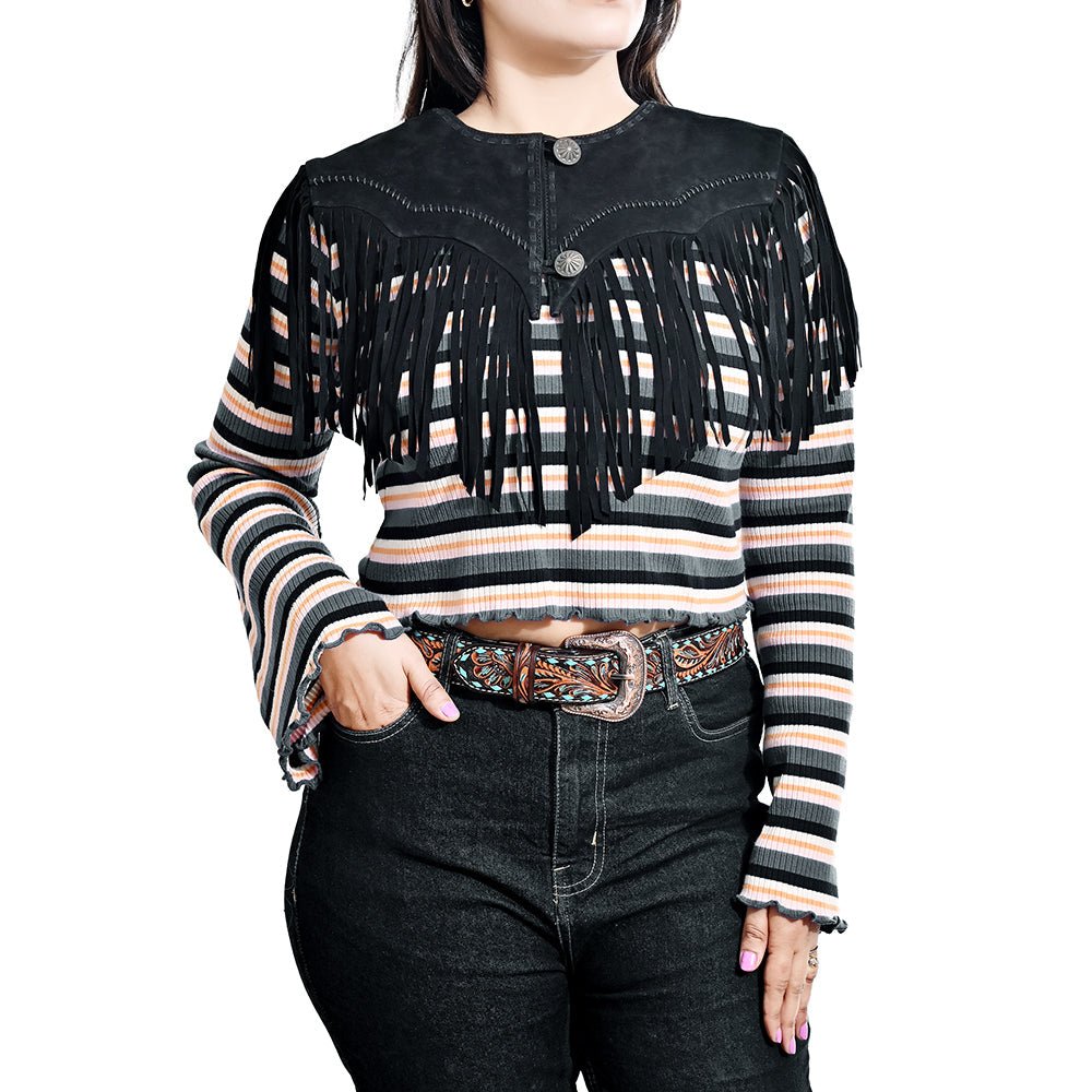 American Darling Women’s Genuine Suede Leather Fringe Vest - Western Cropped Cowgirl Yoke Black Boho Fringe Cape
