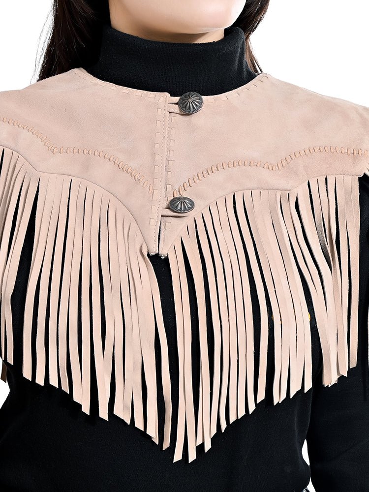 American Darling Women’s Genuine Suede Leather Fringe Vest - Western Cropped Cowgirl Yoke Tan Boho Fringe Cape