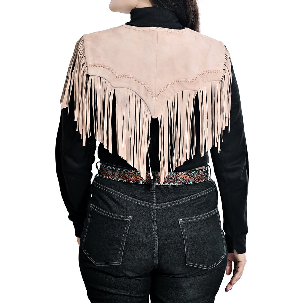 American Darling Women’s Genuine Suede Leather Fringe Vest - Western Cropped Cowgirl Yoke Tan Boho Fringe Cape