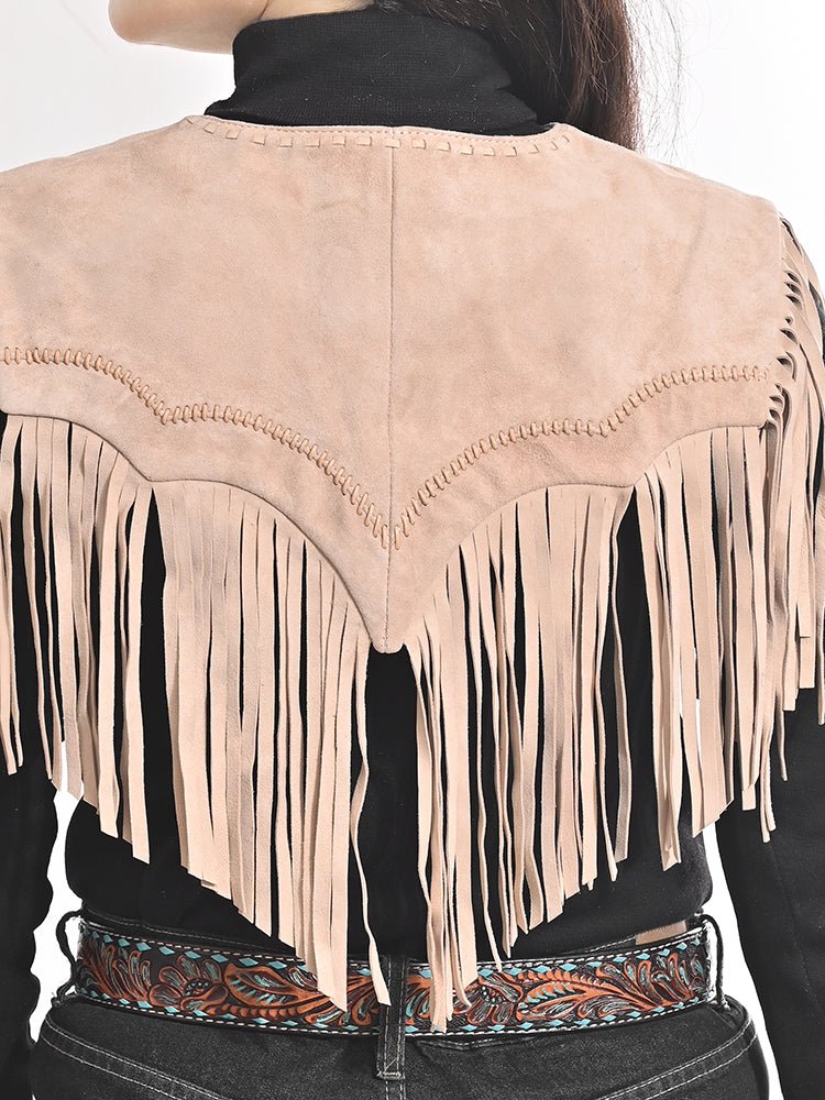 American Darling Women’s Genuine Suede Leather Fringe Vest - Western Cropped Cowgirl Yoke Tan Boho Fringe Cape