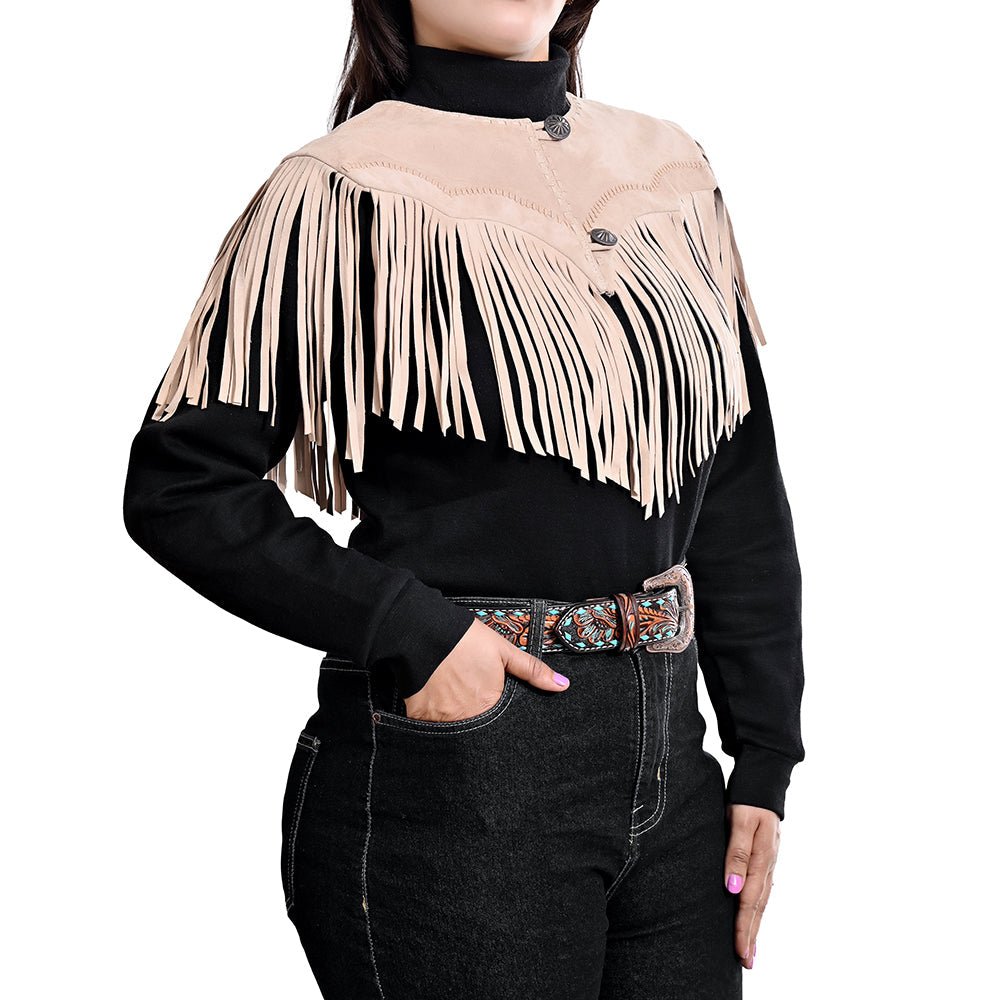 American Darling Women’s Genuine Suede Leather Fringe Vest - Western Cropped Cowgirl Yoke Tan Boho Fringe Cape