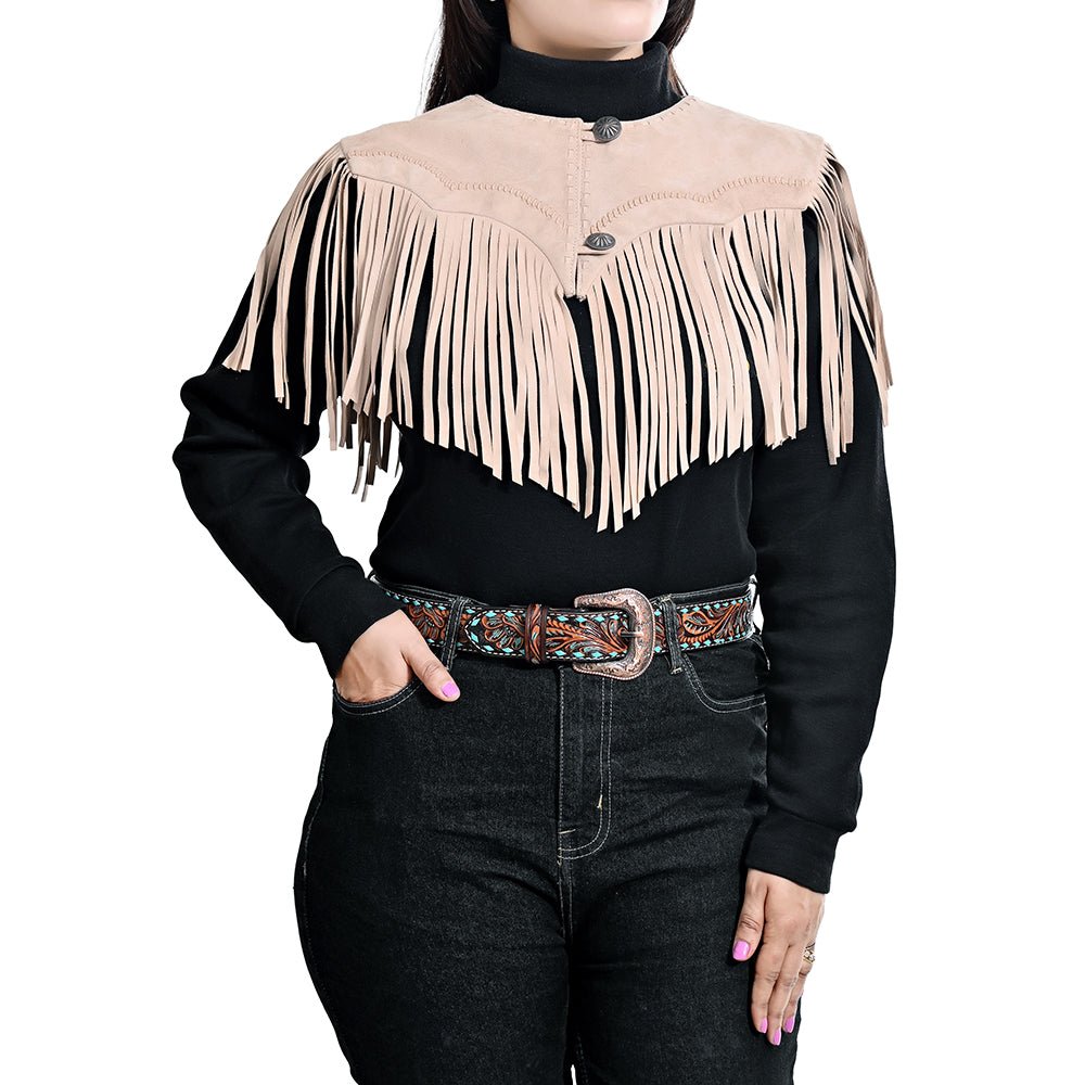 American Darling Women’s Genuine Suede Leather Fringe Vest - Western Cropped Cowgirl Yoke Tan Boho Fringe Cape