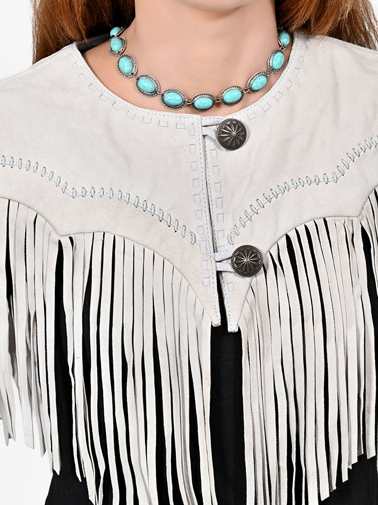 American Darling Women’s Genuine Suede Leather Fringe Vest - Western Cropped Cowgirl Yoke White Boho Fringe Cape