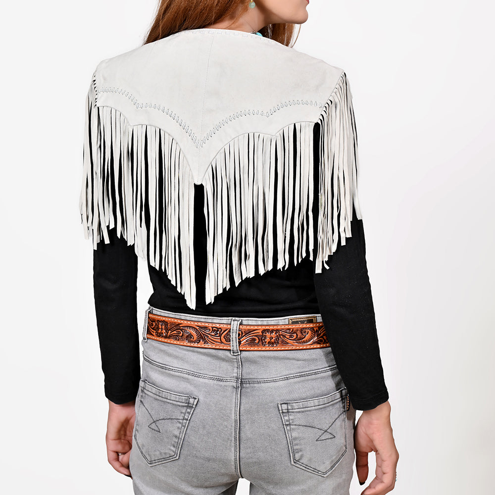 American Darling Women’s Genuine Suede Leather Fringe Vest - Western Cropped Cowgirl Yoke White Boho Fringe Cape