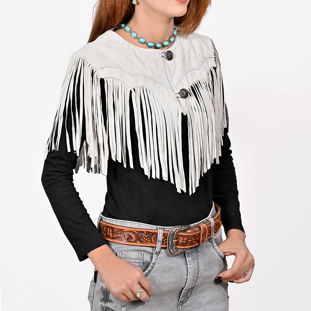American Darling Women’s Genuine Suede Leather Fringe Vest - Western Cropped Cowgirl Yoke White Boho Fringe Cape
