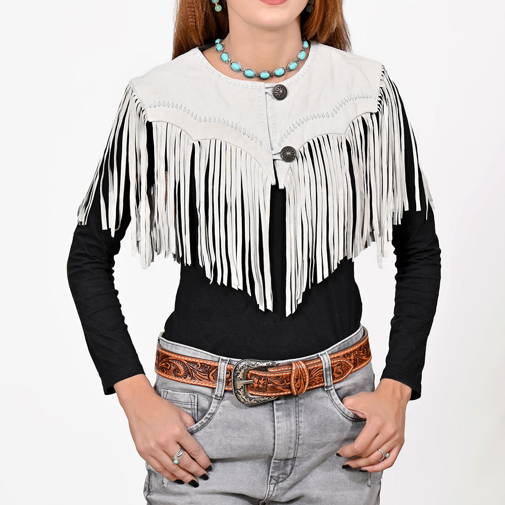 American Darling Women’s Genuine Suede Leather Fringe Vest - Western Cropped Cowgirl Yoke White Boho Fringe Cape