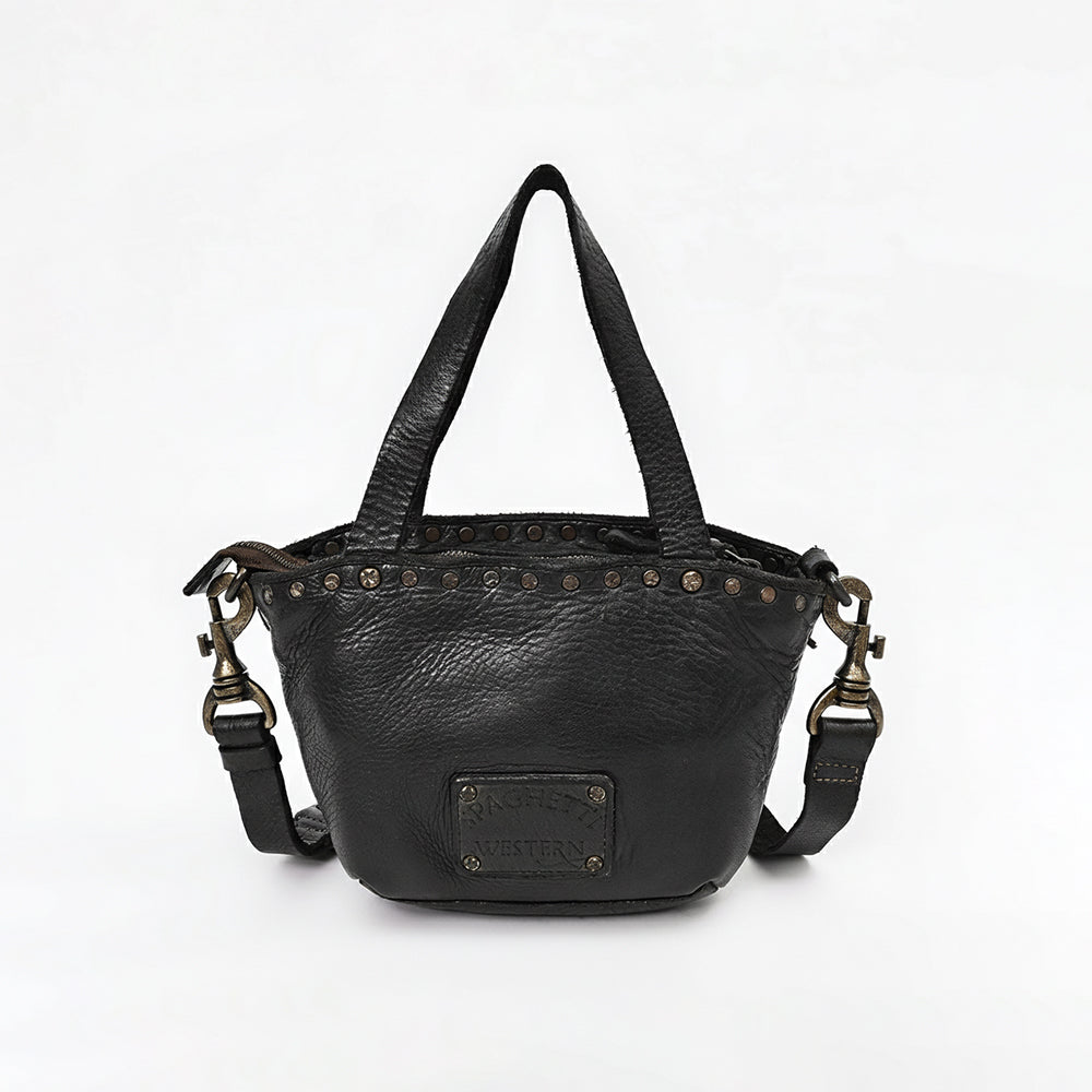 Spaghetti Western Mini Full Grain Leather Tote Bag for Women Small Bucket Style Handbag with YKK Zipper Rivet Detail
