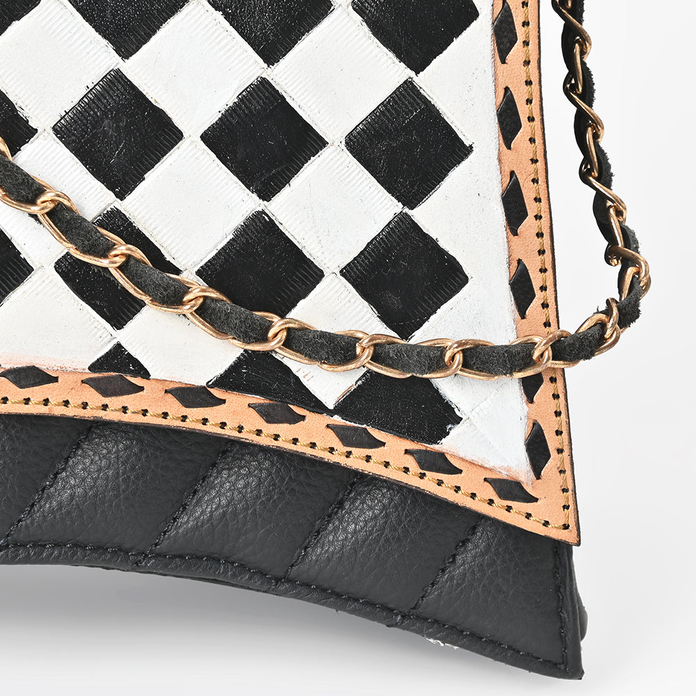 OHLAY High Fashion Checkered Flap Quilted Leather Crossbody Bag Black & White