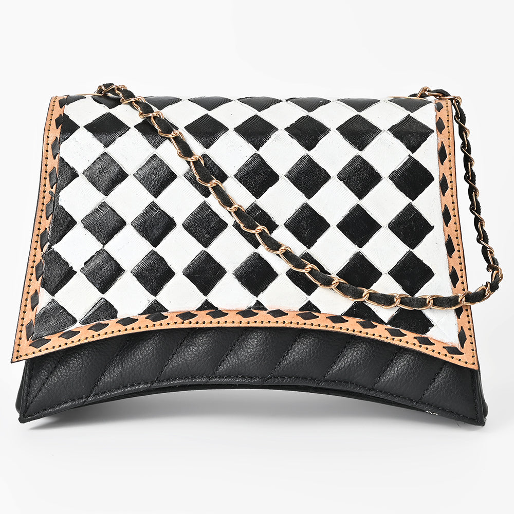 OHLAY High Fashion Checkered Flap Quilted Leather Crossbody Bag Black & White