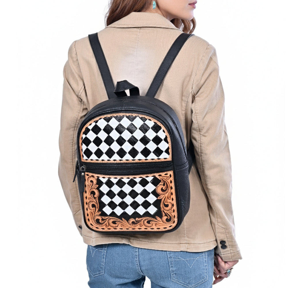 OHLAY Leather Backpack Hand-Tooled Floral Trim Black & White Checkered Panel