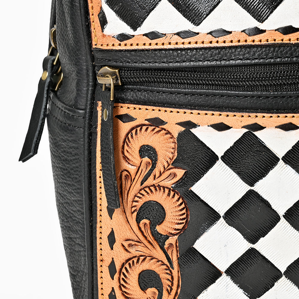 OHLAY Leather Backpack Hand-Tooled Floral Trim Black & White Checkered Panel