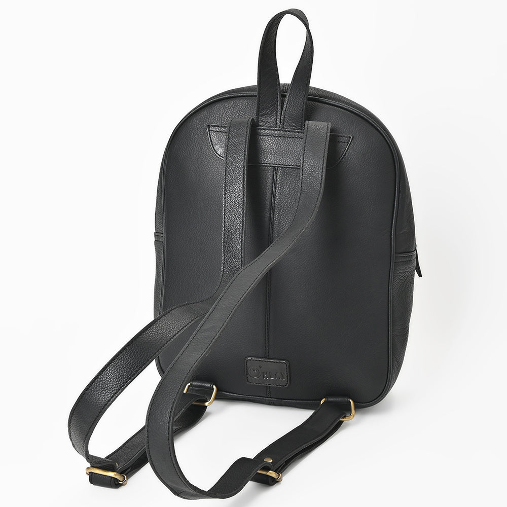 OHLAY Leather Backpack Hand-Tooled Floral Trim Black & White Checkered Panel