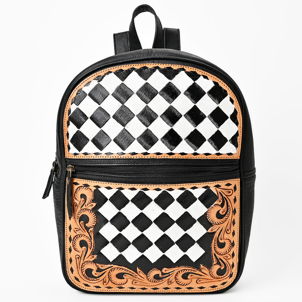 OHLAY Leather Backpack Hand-Tooled Floral Trim Black & White Checkered Panel